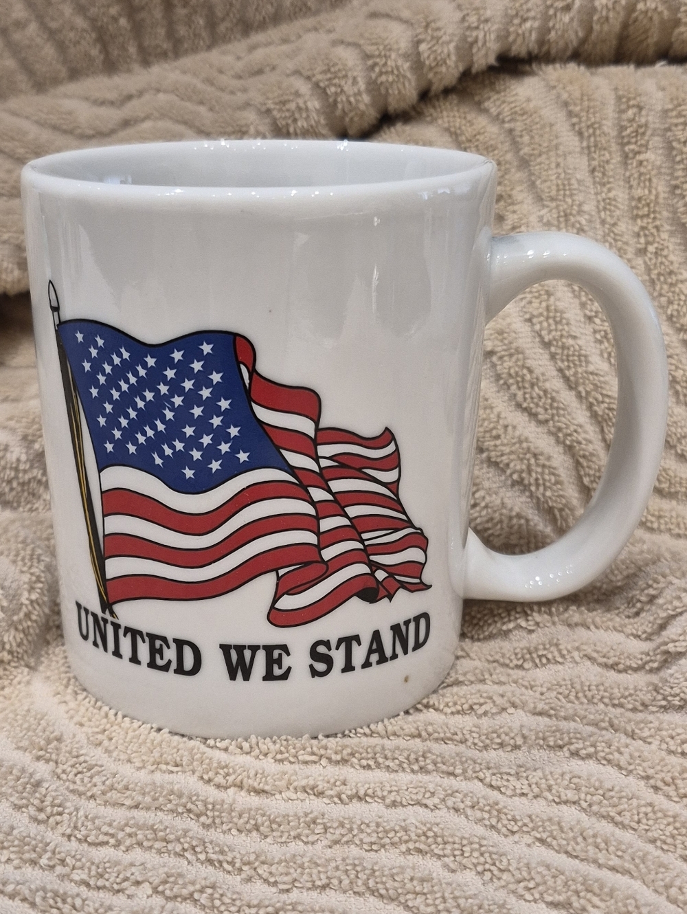 White Ceramic Mug with American Flag and "United We Stand" Slogan